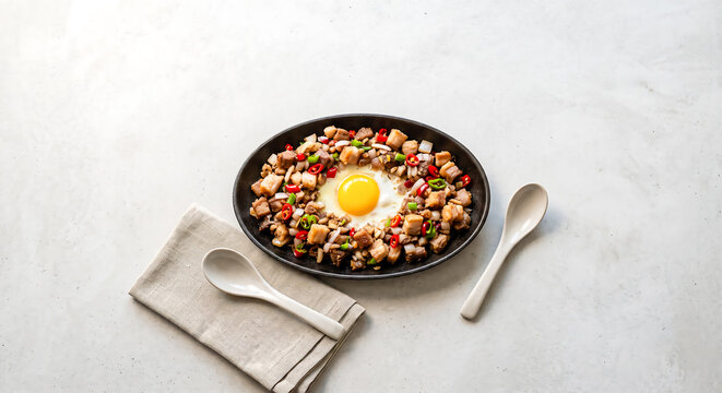 Flat lay of sizzling pork sisig with egg and spoons.