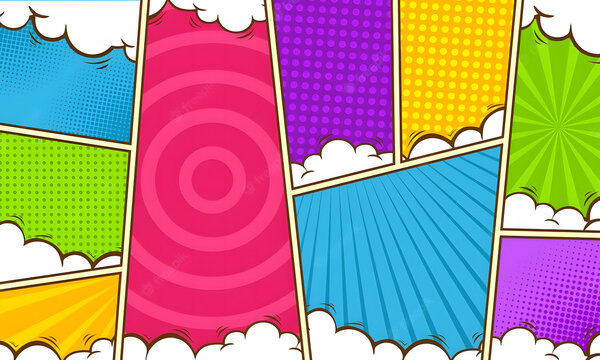 Pop art style comic page layout with blank speech bubble clouds template background colorful halftone illustration comicbook backdrop composition creative