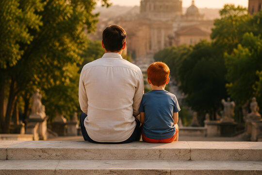 Father and Red-Haired Child Sitting Together on Wide Marble Steps Overlooking a Beautiful Classic European Urban Park Landscape at Golden Sunset, Back View, Fatherhood Bonding