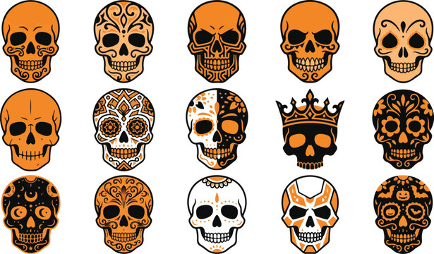 Decorative human skull collection with artistic patterns