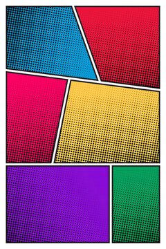 Colorful comic book panel page layout with halftone texture pop art halftone colorful background illustration template abstract narrative sequencing artistic creative sections comicbook