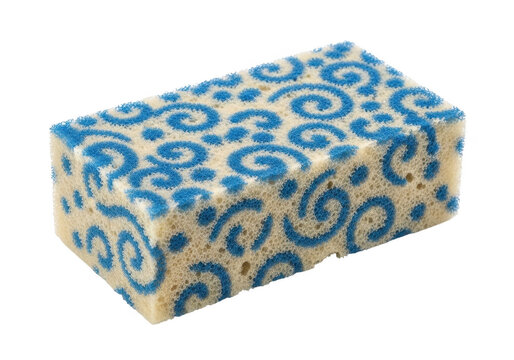 A single rectangular cleaning sponge with a blue swirl pattern on the surface isolated on transparent background