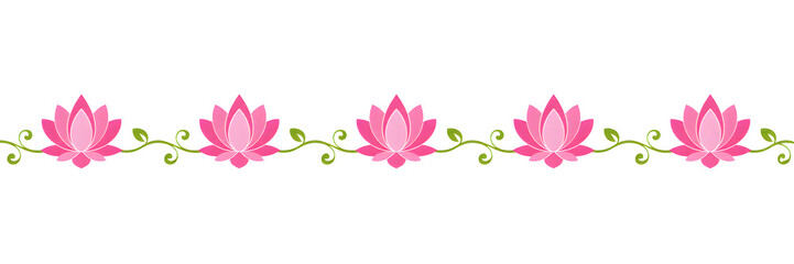 Fototapeta premium Clean flat vector seamless horizontal border pattern with pink lotus flowers