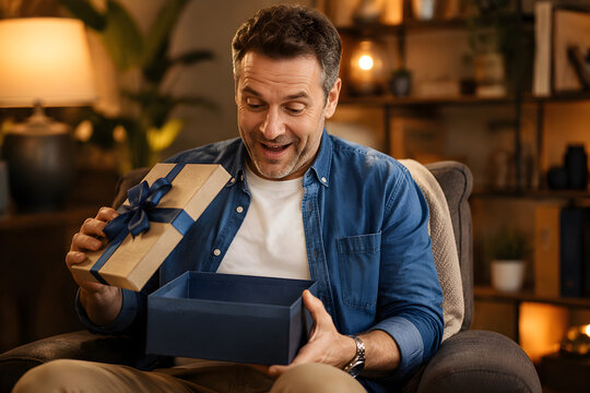 Happy smiling man sitting in armchair at home opening a blue gift box with kraft paper wrapping, excited surprise expression, celebration and holiday gifting concept for lifestyle content