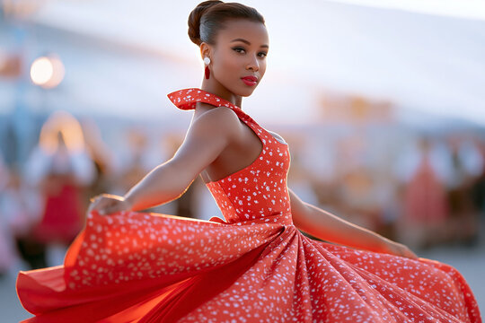 Elegant woman in flowing red floral dress posing outdoors at sunset with graceful movement and sophisticated fashion style