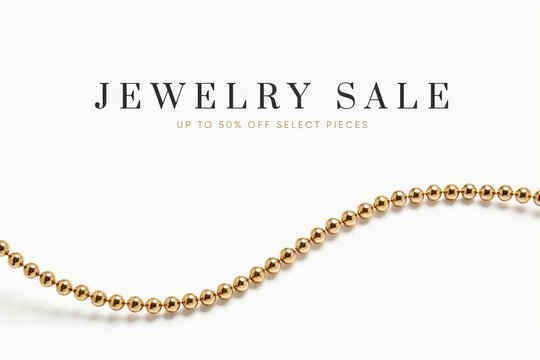 A minimalist promotional graphic features bold black text advertising a jewelry sale with a discount offer presented above a elegantly curved string of shiny golden beads