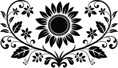Fototapeta premium Elegant sunflower flourish stencil with delicate curved vines and small flowers sunflower flourish ornamental silhouette botanical illustration monochrome decoration abstract isolated