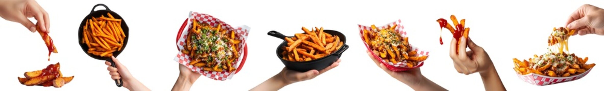 Set of hand holding fried baked sweet potato potatoes fries fry, skillet frying pan, red checkered food basket with chili cheese, ketchup drip dip, pile stack group, transparent cutout PNG Mockup