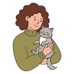 Woman holding a cute cat. Happy girl hugging her fluffy kitten in a cozy illustration.