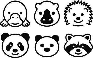Obraz premium Variety of wild animal face icons including platypus panda hedgehog raccoon in line art style with hedgehog platypus minimalist creature collection illustration monochrome isolated portrait