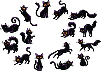 Obraz premium A collection of black cat silhouettes arranged in a circle to celebrate a spooky happy halloween day theme
