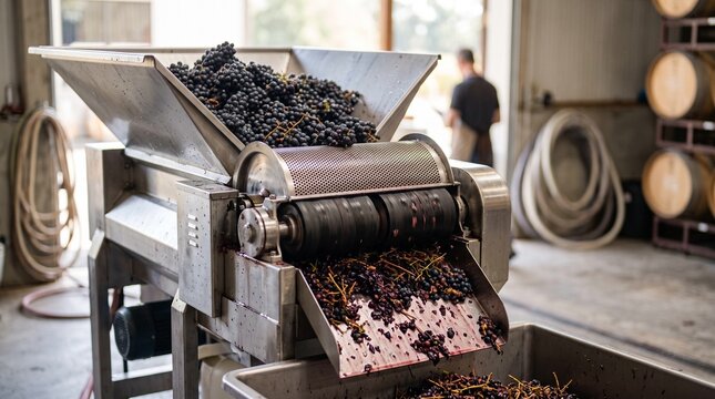 Grape crushing machine processing harvested grapes in winery facility  