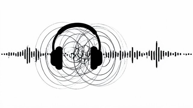 Black headphones icon with horizontal audio sound wave waveform.