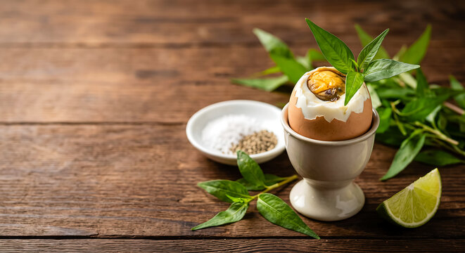 Balut Fertilized Duck Egg in Egg Cup with Fresh Herbs and Lime on Rustic Wood