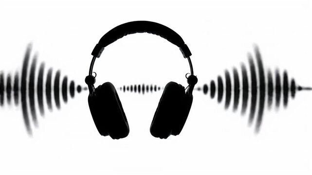 Black headphones silhouette with sound waves on white background.