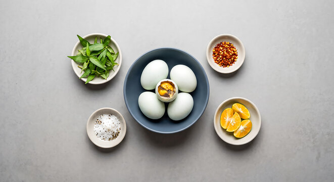 Balut Duck Eggs with Chili Flakes, Citrus, Herbs and Seasoning Flat Lay