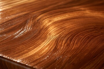 Fototapeta premium Close-up of a polished wooden surface showcasing natural grain patterns and glossy texture with warm brown hues. micro photography