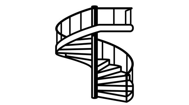 Simple black and white line art illustration of a spiral staircase with railings.