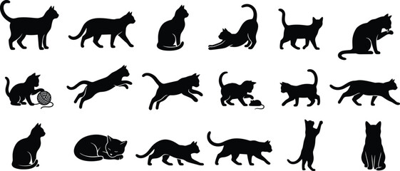 Black cat silhouettes vector set featuring different feline poses and playful activities © MDMUNTASSER
