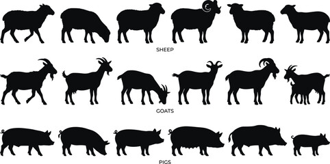 Black farm animals vector set featuring sheep, goats, and pigs silhouettes © MDMUNTASSER