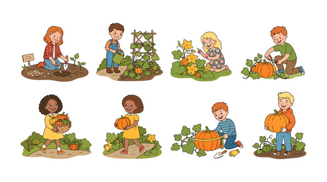 Children Planting and Harvesting Pumpkins in a Garden with Various Activities Featuring Vegetables