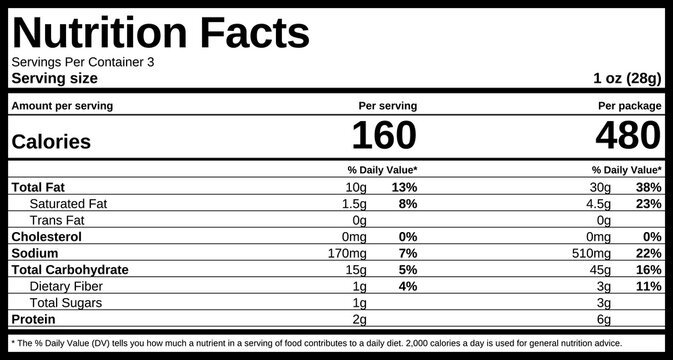 Dual column nutrition facts vector for sharing chips bag. Per serving and per package food label with two column daily value information chart