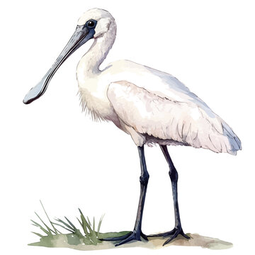 Royal Spoonbill, watercolor artwork with bold brush accents and dynamic composition, isolated on a white background.