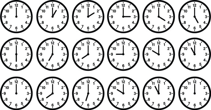 Set of eighteen black and white clock showing different times, round analog clock faces with numbers one through twelve on white background