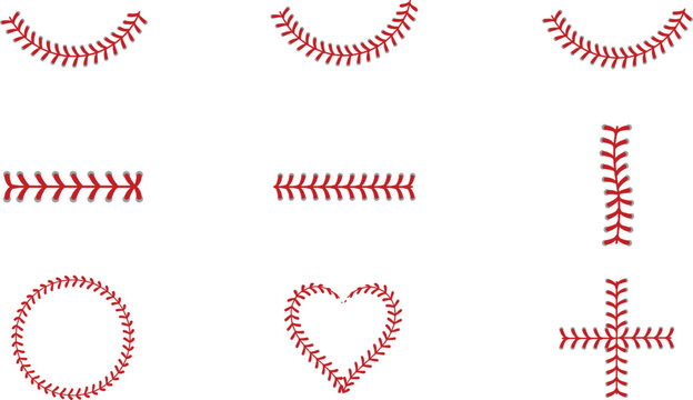 Art & IllustrationBaseball Stitches and Softball Lacing Vector Set with Heart, Circle, Curved, and Straight Red Lacing Elements for Sports Graphic Designs