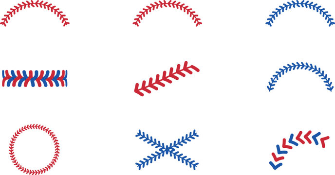 Art & IllustrationRed and Blue Baseball Stitches Vector Elements Set with Curved, Circle, Diagonal, and Crossed Softball Lacing for Sports Team Graphic Designs