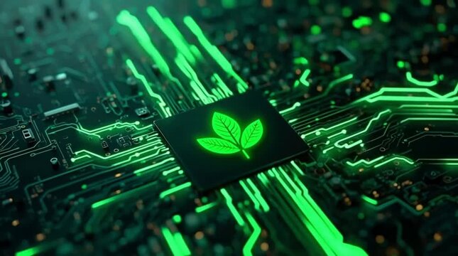 A glowing green leaf symbol at the center of a detailed circuit board, surrounded by intricate electronic pathways futuristic and eco-friendly mood, Green Eco Processor, created with generative ai