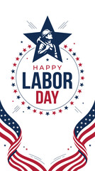 Obraz premium Happy labor day greeting card with construction worker silhouette and american flag elements isolated on white background