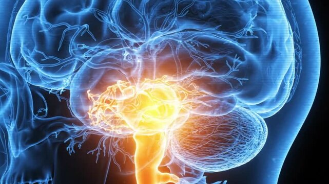 3d medical illustration of the human brain highlighting the brainstem and spinal cord