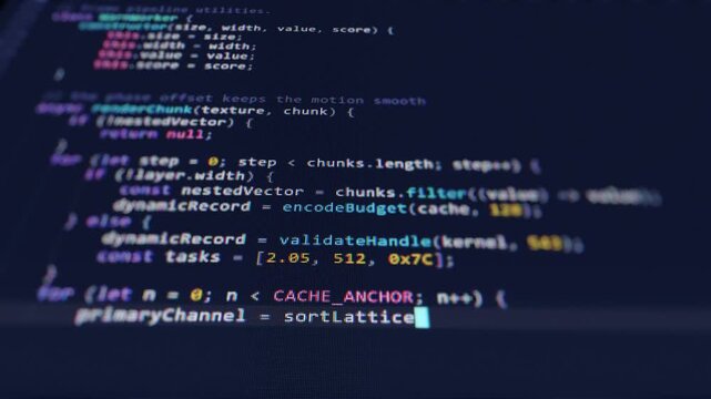 Close up macro shot of a computer screen with typing highlighted JavaScript source code. Blinking cursor on a dark blue software development interface with visible pixels and shallow depth of field