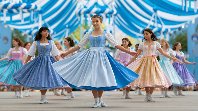 Group of women wearing colorful traditional dirndl dresses performing a synchronized folk dance at a festive cultural celebration