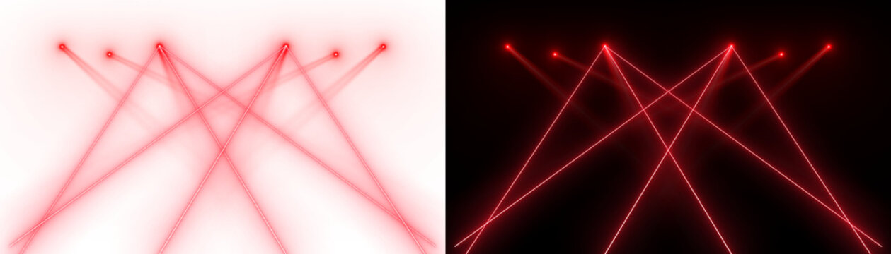 Spotlight beams red lighting shining with laser beam on concert stage on transparent background. VFX design, theatre stage poster, party, music event.