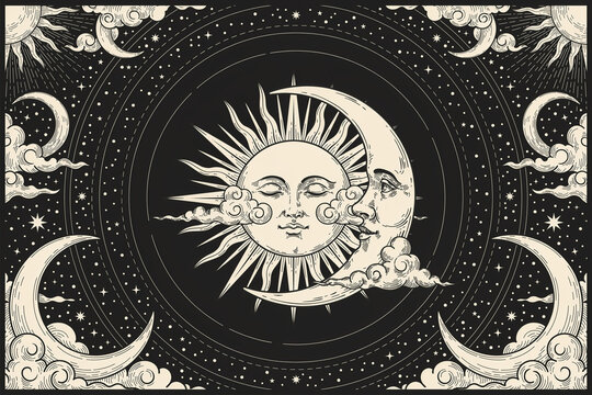 Sun and moon illustration with celestial elements detailed vector artwork on a dark background