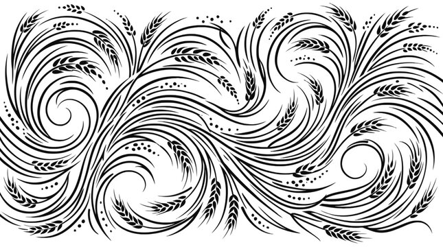 Swirling wheat harvest pattern in black and white decorative style