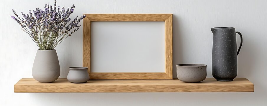 Minimalistic Shelf Decor with Lavendar and Vases, Small wooden picture frame wooden shelves white wall