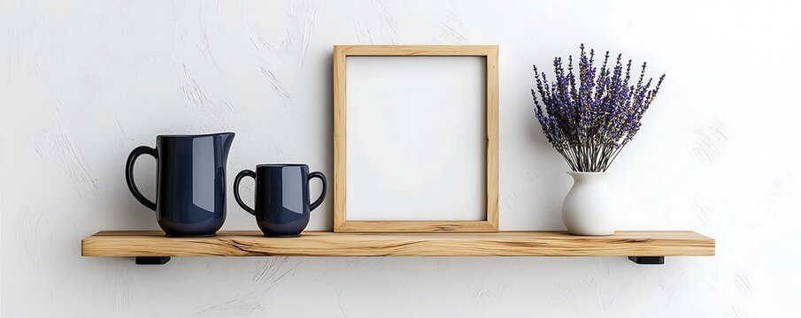 Modern Shelf Decor with Lavender and Simple Frames, Small wooden picture frame wooden shelves white wall