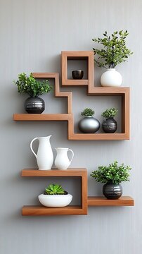 Modern Shelf Arrangement with Decorative Plants and Vases, Small wooden picture frame wooden shelves white wall
