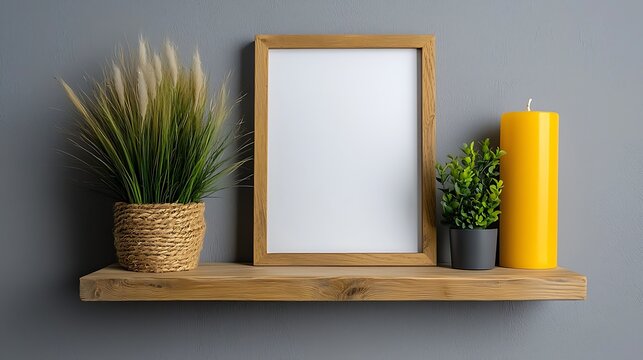Stylish Shelf Arrangement with Greenery and Candle, Small wooden picture frame wooden shelves white wall