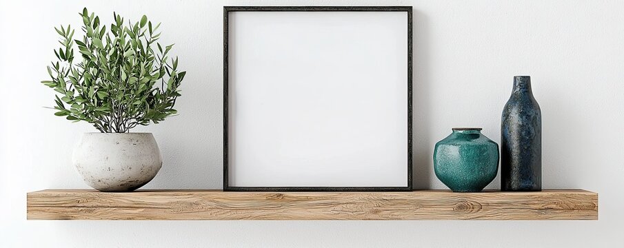 Minimalist Shelf Arrangement with Blank Frame and Plants, Small wooden picture frame wooden shelves white wall