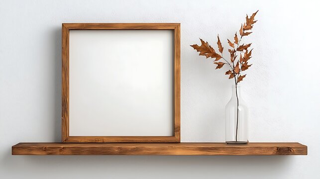 Rustic Home Decor with Frame and Dried Leaves, Small wooden picture frame wooden shelves white wall