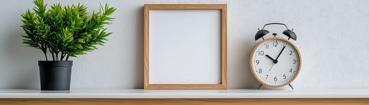 Stylish Workspace with Clock and Blank Frame, Small wooden picture frame wooden shelves white wall