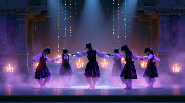 Group of traditional folk dancers performing synchronized circle dance on a dramatic stage with purple lighting and atmospheric fog