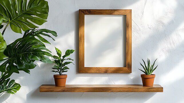 Modern Minimalist Decor with Empty Picture Frame, Small wooden picture frame wooden shelves white wall