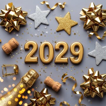 Festive 2029 New Year celebration layout with golden numbers, stars, bows, and champagne bottle on elegant grey background for greeting card