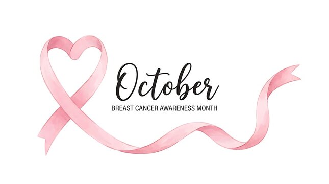 Pink watercolor ribbon forming a heart for Breast Cancer Awareness Month on white pink ribbon october