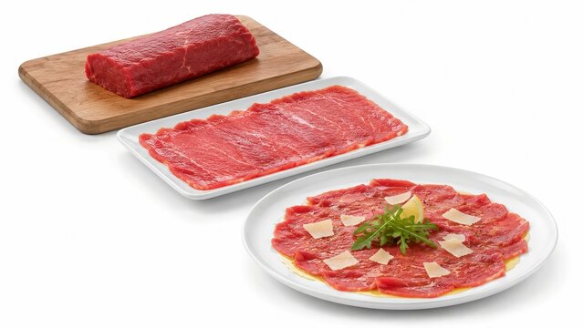 Assortment of raw beef including tenderloin on a board, thin slices and finished carpaccio dish isolated on white background